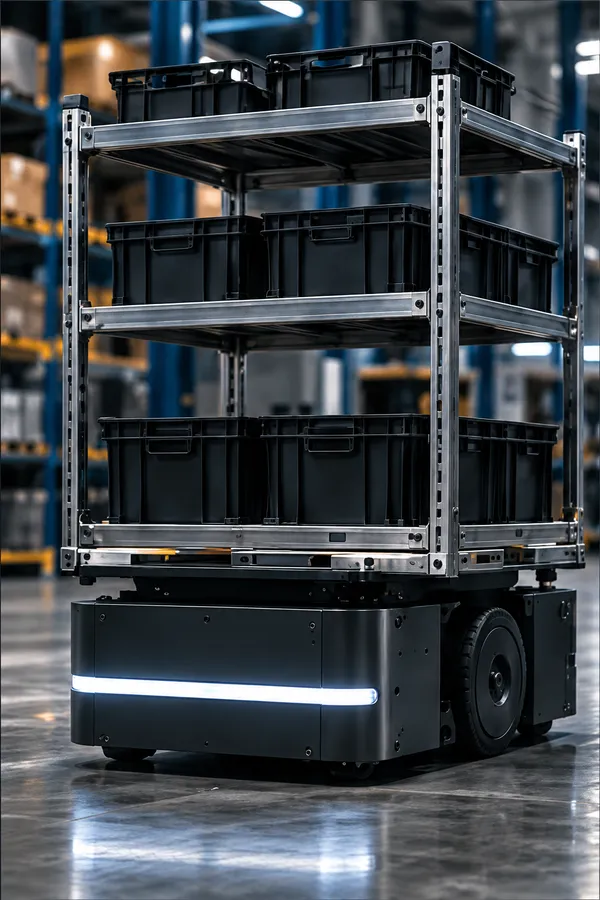 A shelf-carrying robot under a mobile shelving unit of black totes in a warehouse aisle