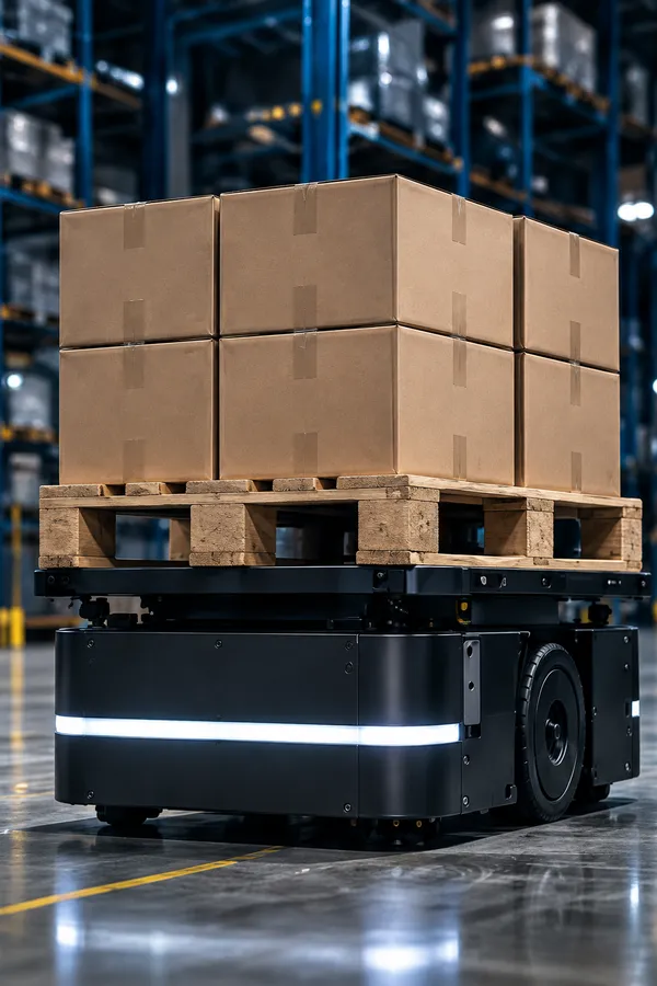 A pallet-moving robot under a euro pallet of plain cardboard boxes