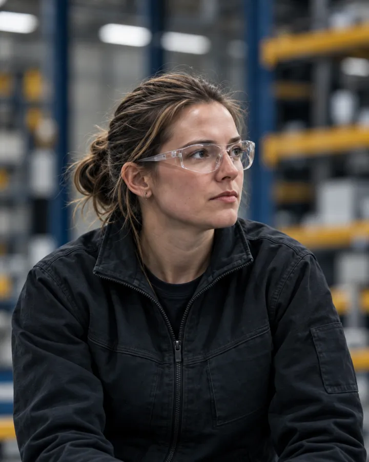 Portrait of Nadia Brenner, safety engineering lead, in safety glasses