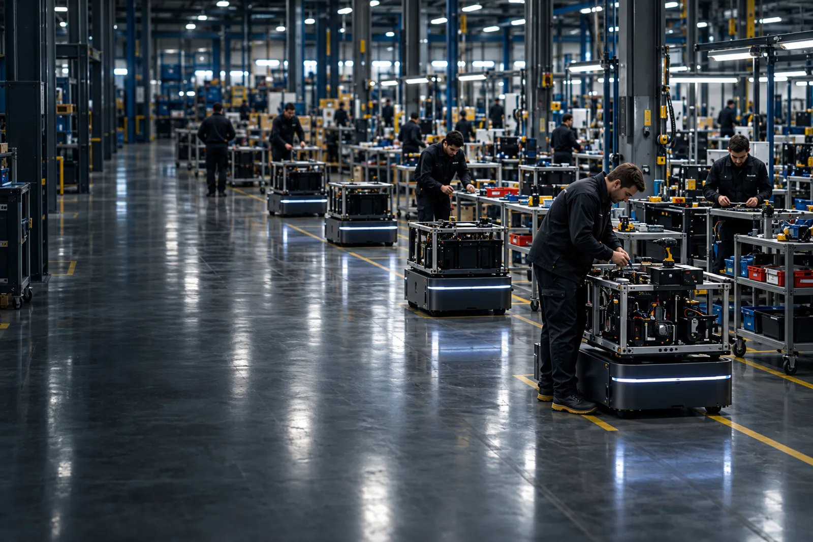 The Bristol assembly line seen from above, robots at different build stages and technicians at work