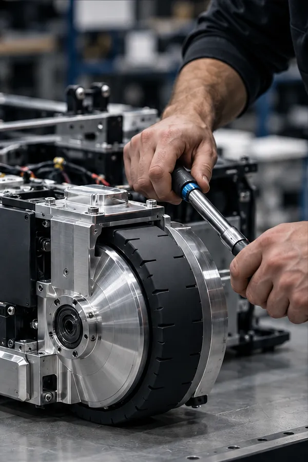 Hands torque-checking a brushed-aluminium wheel module on an assembly bench