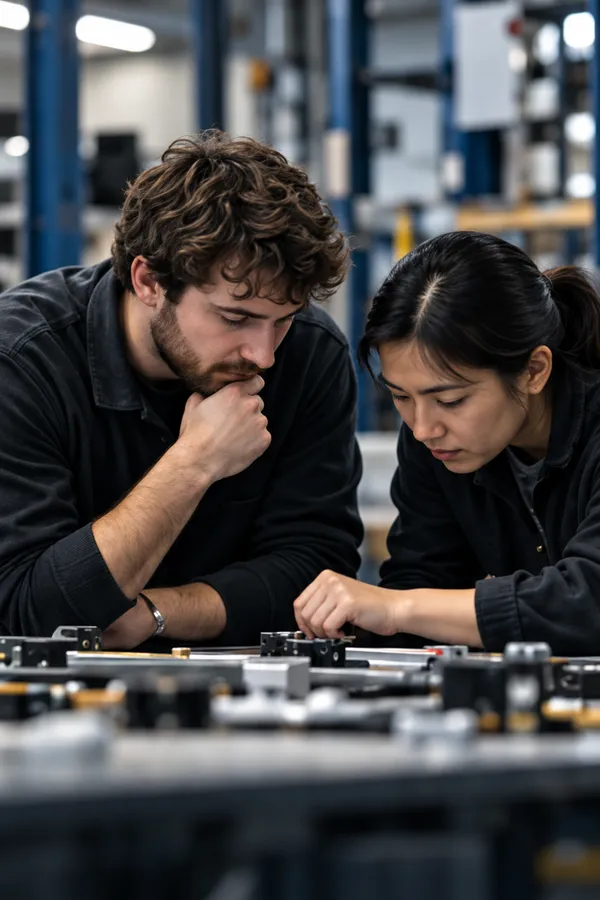 Two engineers leaning over a bench of parts, working through a problem together