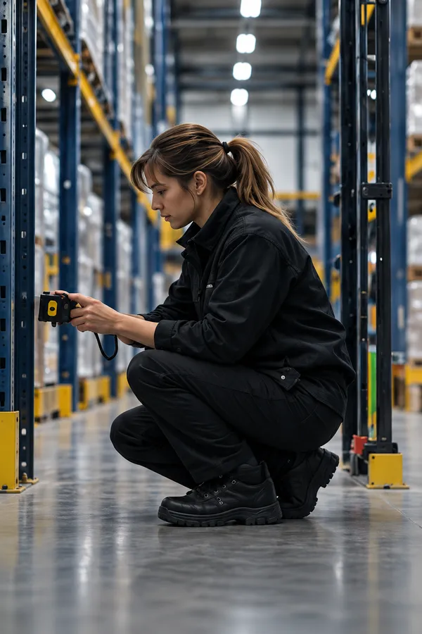 A field engineer crouching to measure in a warehouse aisle