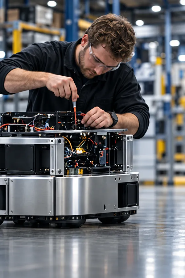 A technician doing final electrical work inside an open robot