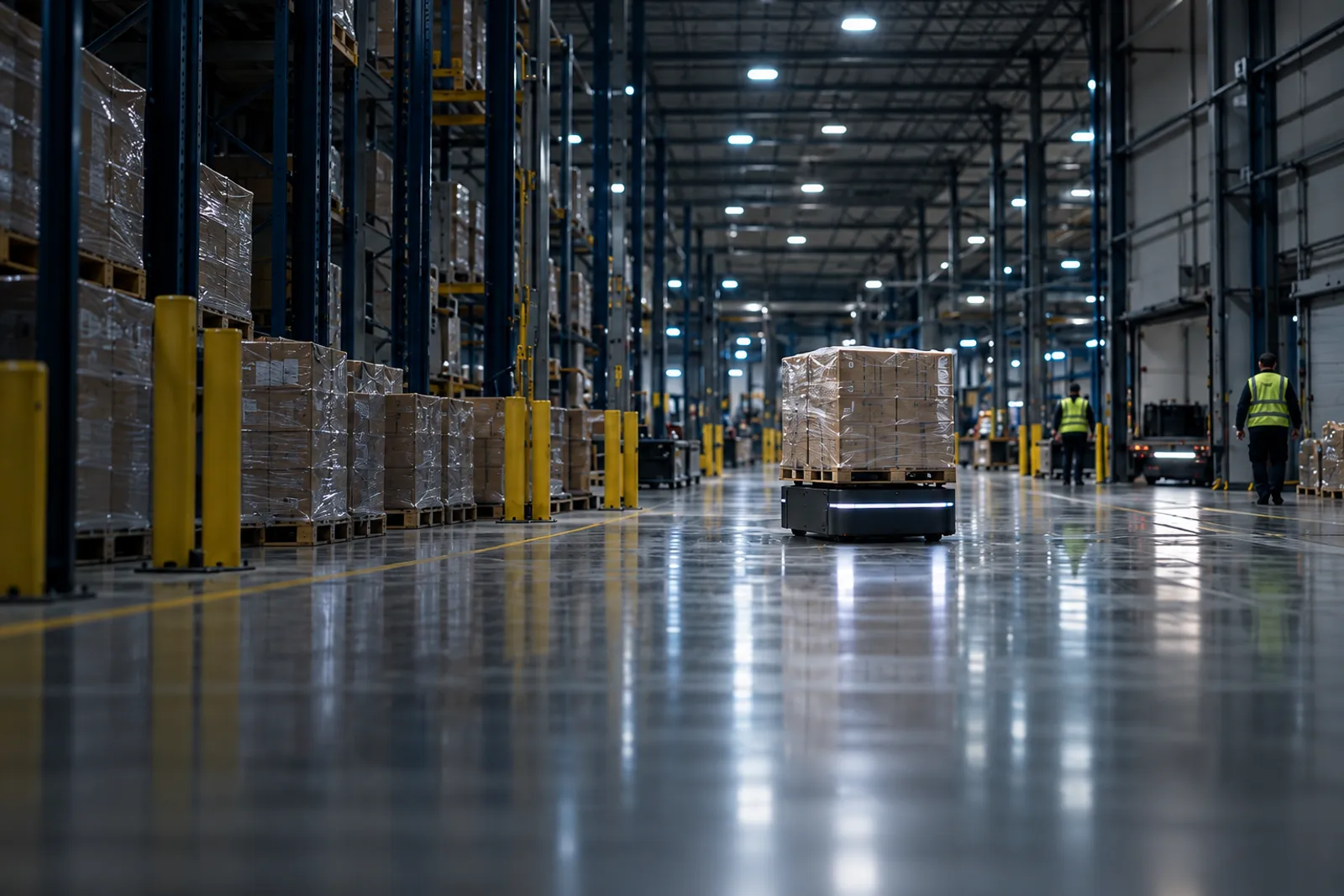 A pallet robot carrying a wrapped pallet across a logistics cross-dock