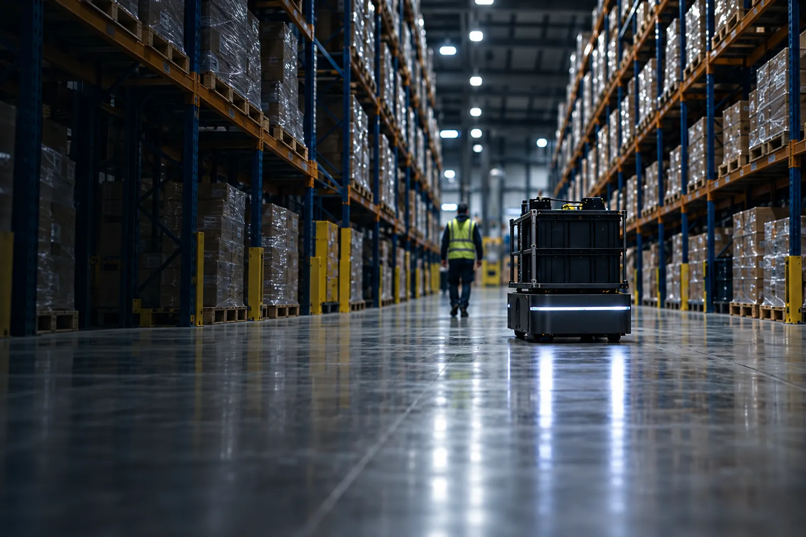 A shelf-carrying robot in a long grocery distribution aisle, a worker in the distance