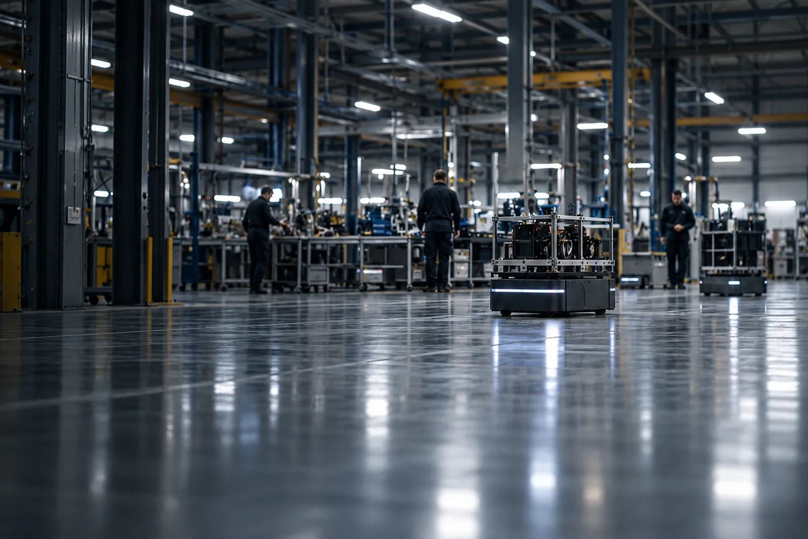 A robot carrying a parts rack across a manufacturing floor, people at work behind it