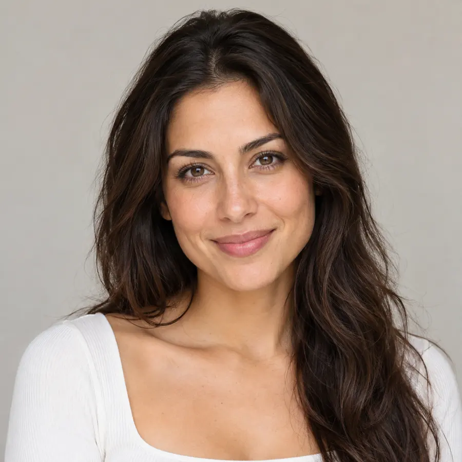 Portrait of Emily Rodriguez, smiling, with long dark brown hair and a white top