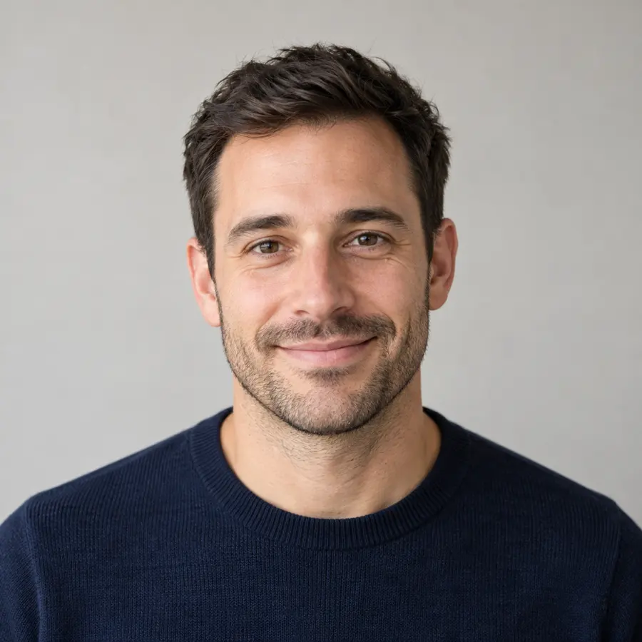 Portrait of James Miller, smiling, with short dark hair and light stubble, in a navy sweater