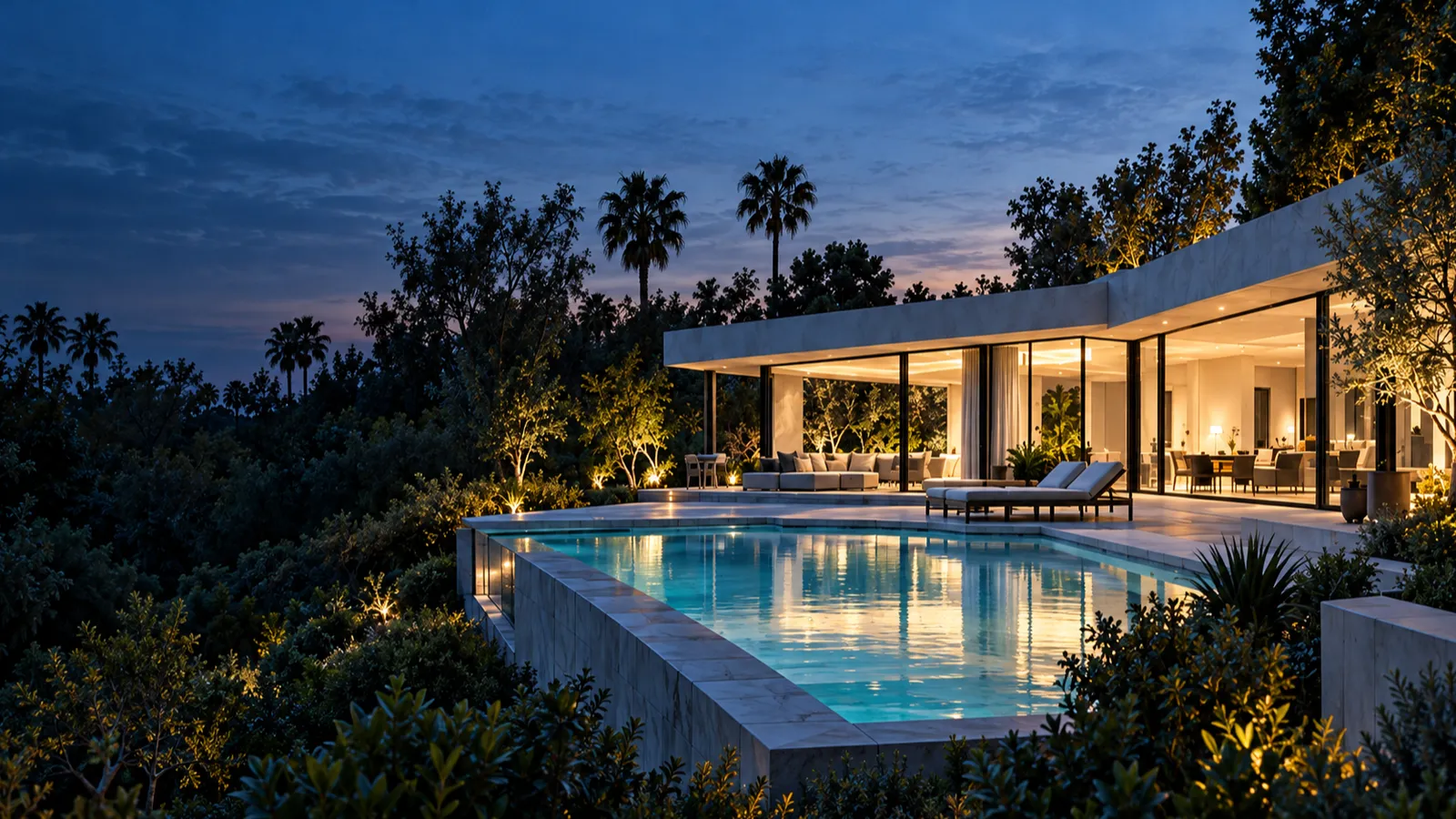 A low modern family house at twilight, its glass walls glowing warm above a calm rectangular pool and a garden of palms