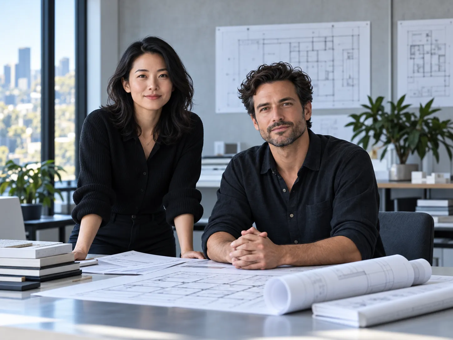 The two founders in black shirts at a desk of floor plans and rolled drawings, a window onto the city behind them