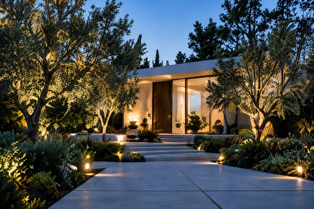 A low modern house at dusk behind olive trees, its windows lit and a pale stone path through the planting