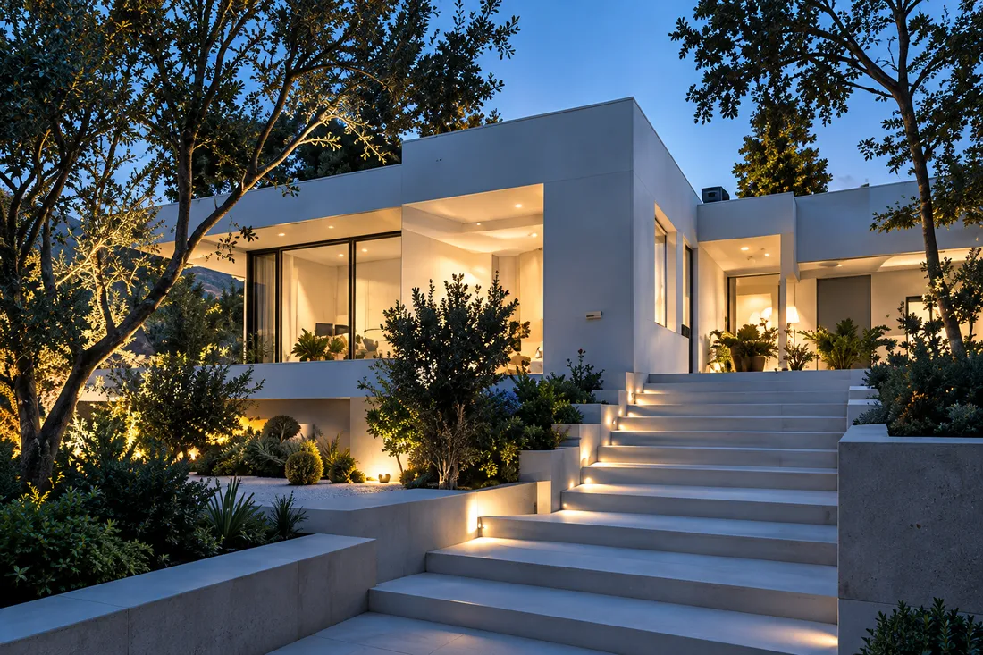 A white modern house at dusk with broad lit steps rising through a garden of trees and shrubs
