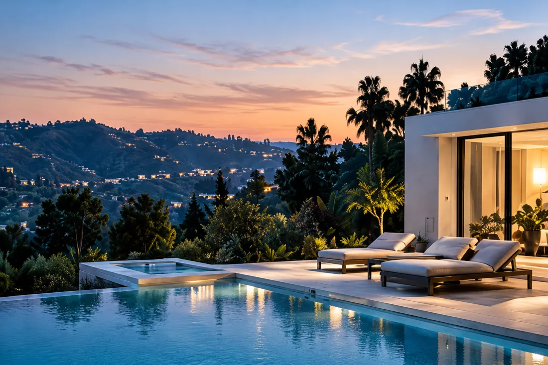A villa terrace with a long pool and loungers above the canyon hills at sunset