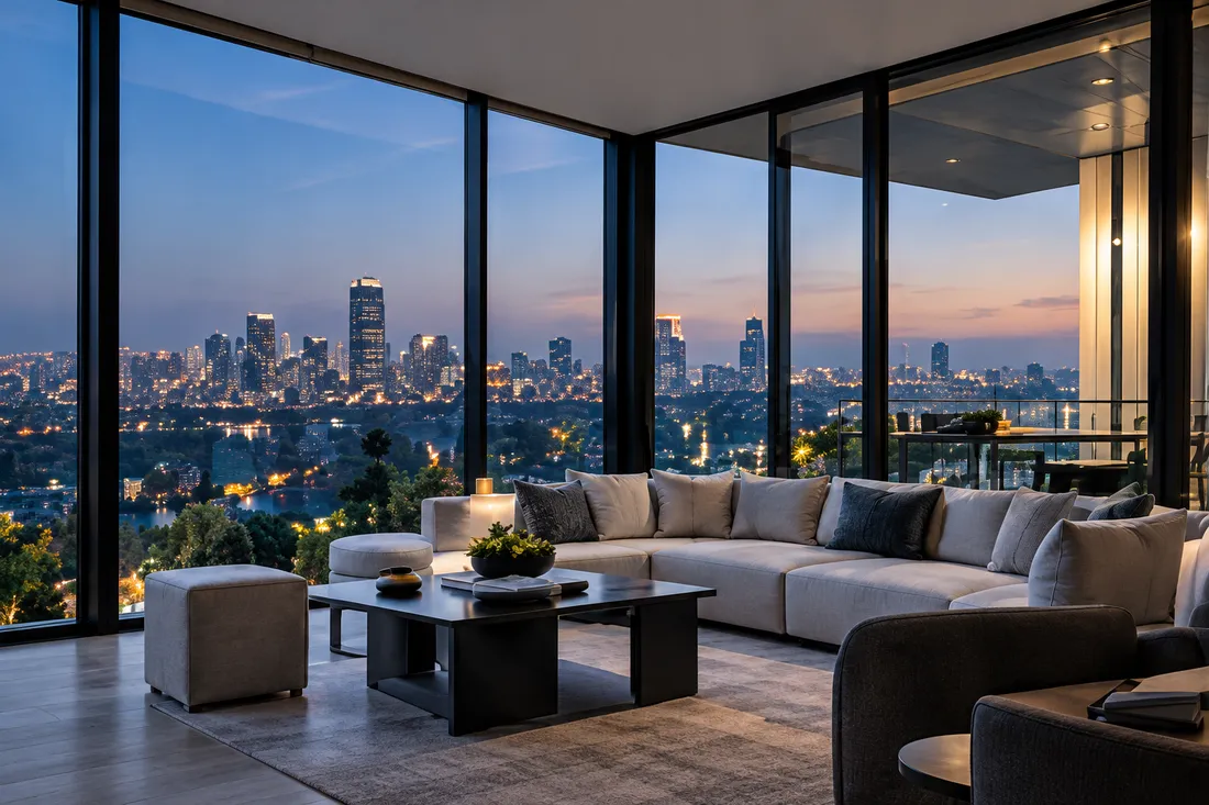 A glass corner living room with a grey sectional sofa looking out over the city at blue hour