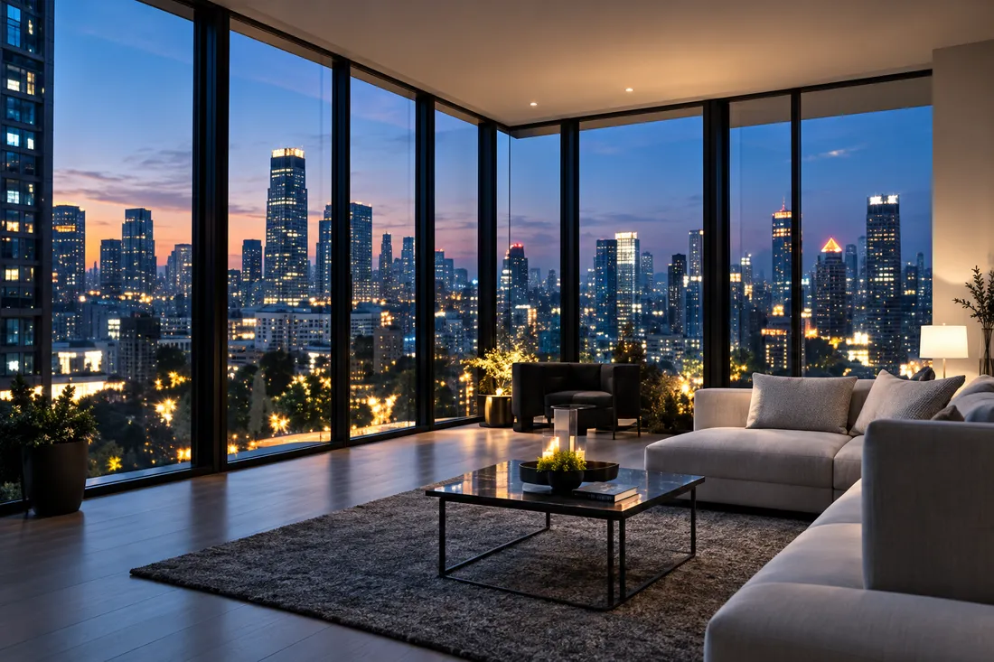 A high-rise corner living room at dusk, a white sofa before floor-to-ceiling windows onto the lit towers of downtown