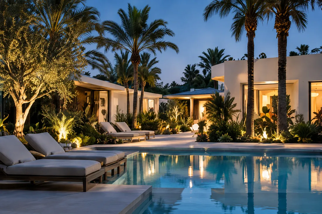 A white villa around a lit pool at dusk, loungers on the terrace and tall palms in the courtyard