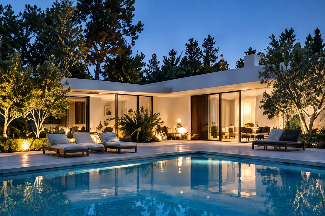 A low mid-century house wrapped around a lit pool at dusk, loungers along its edge