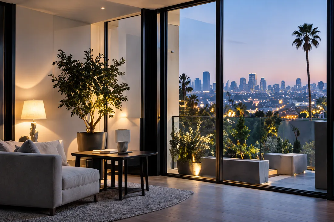An apartment living room opening onto a balcony with a palm and the city skyline at dusk