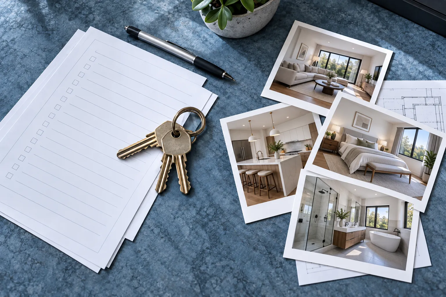 Keys, a ruled inventory sheet, a pen, a floor plan and four instant photographs of bright rooms on a blue-grey table