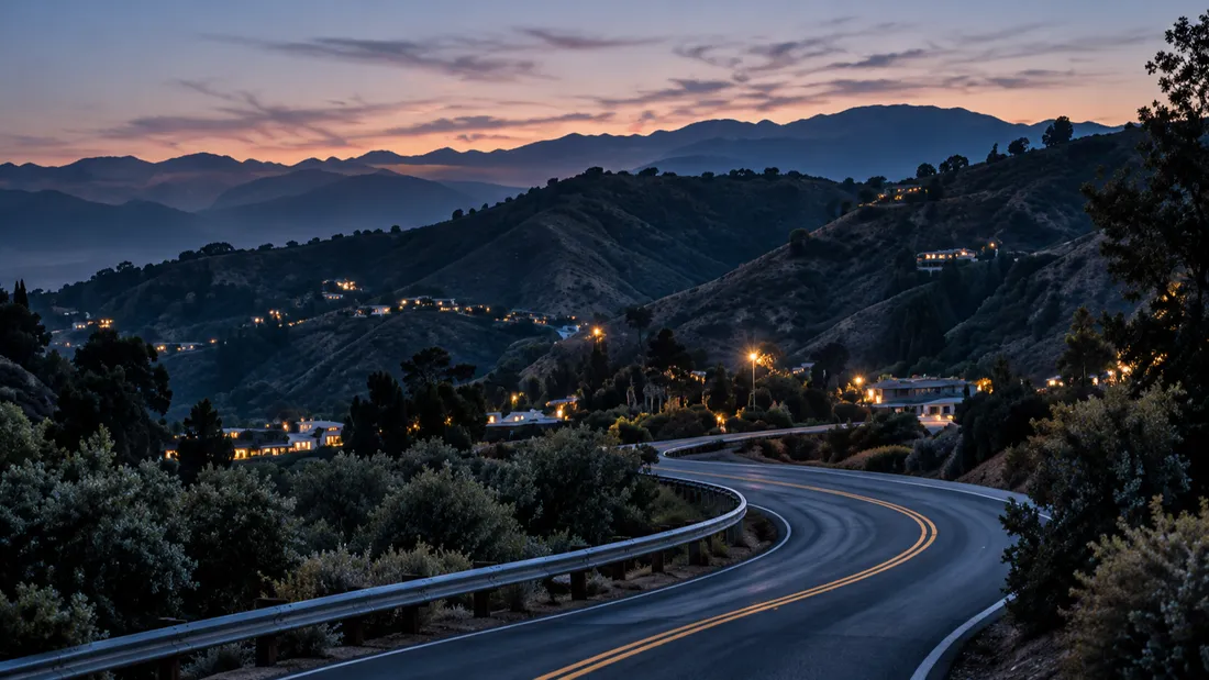 A winding canyon road through the Calabasas hills at dusk, a few homes lit on the slopes