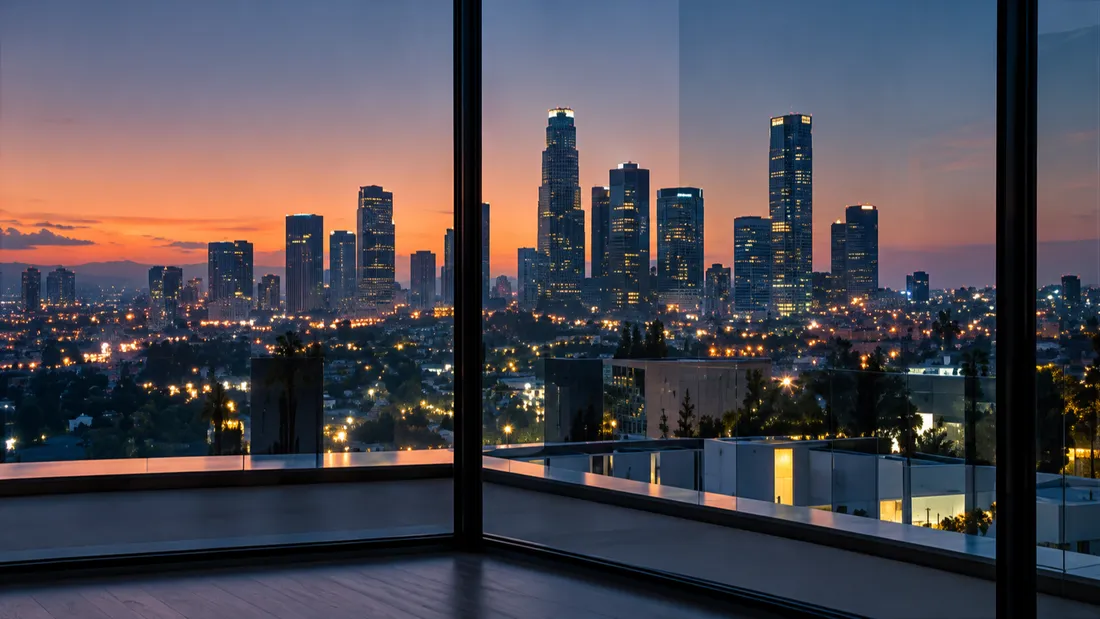 The towers of downtown Los Angeles at dusk, seen through the glass of an apartment