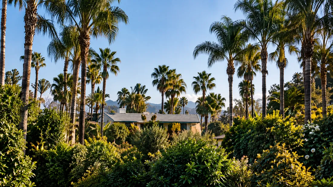 Palm trees and rooftops among the gardens of Encino in late afternoon sun