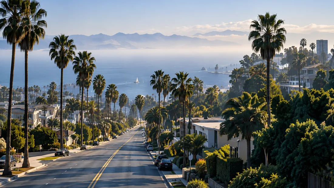 A Santa Monica street lined with tall palms running down to the ocean haze