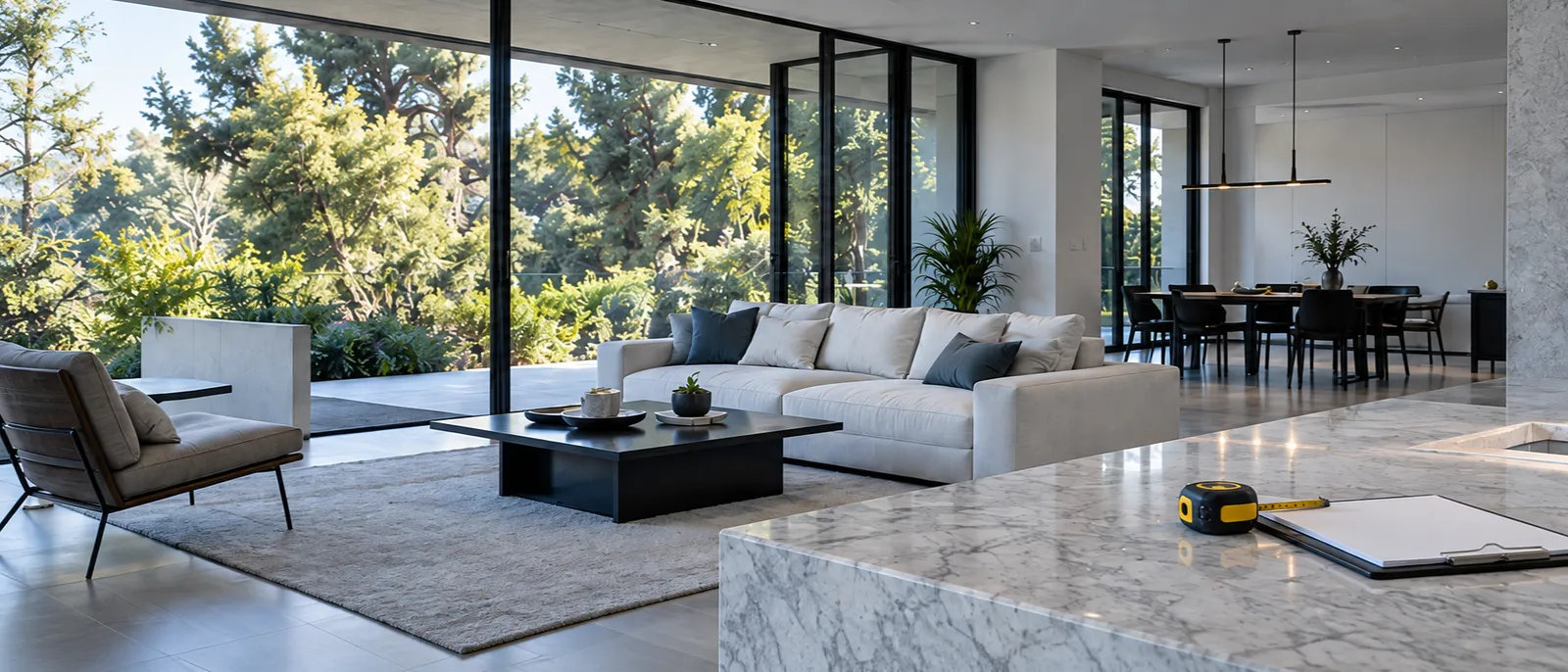 A white and steel living room in Brentwood with its glass walls open to old trees, a tape measure and a clipboard on the stone island