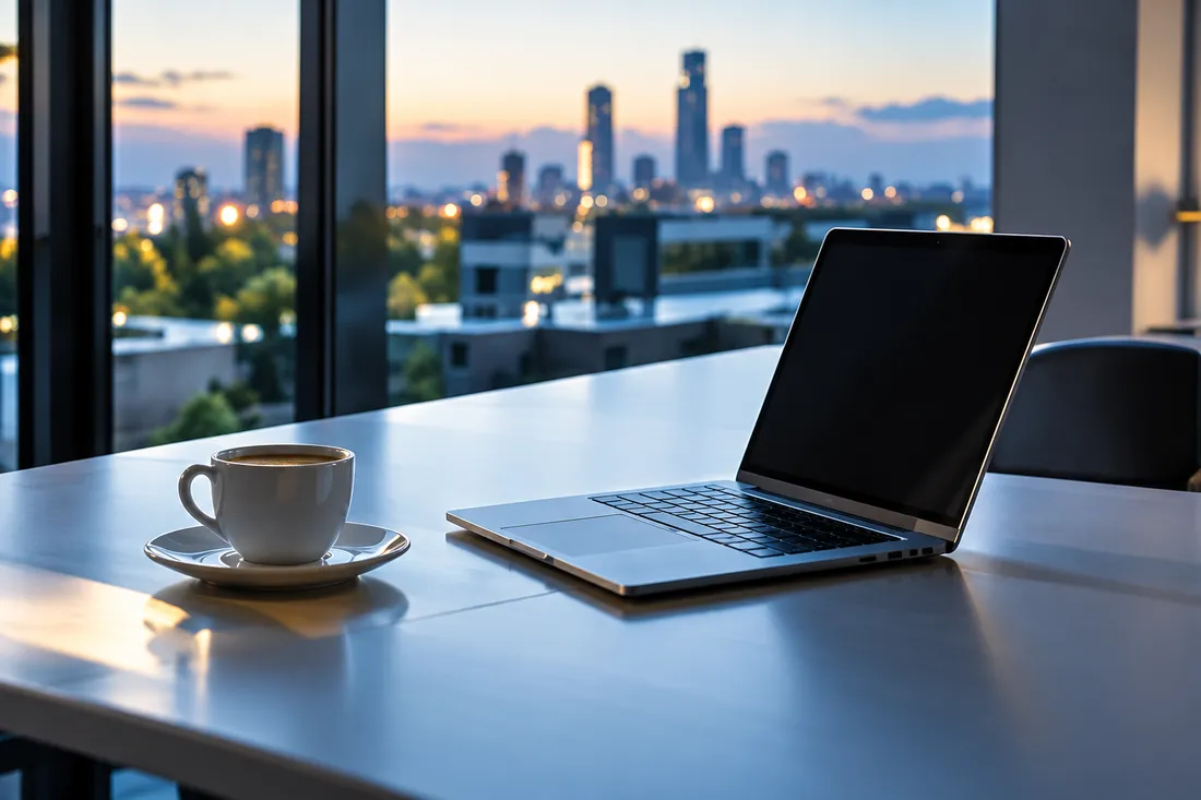 An open laptop and a cup of coffee on a white table by a window onto the city at dusk