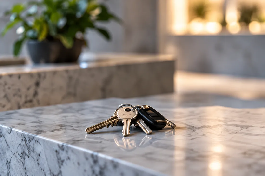A set of house keys on a marble kitchen counter, a plant soft in the background