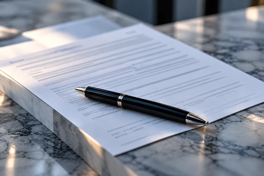 A printed lease and a black pen on a marble table
