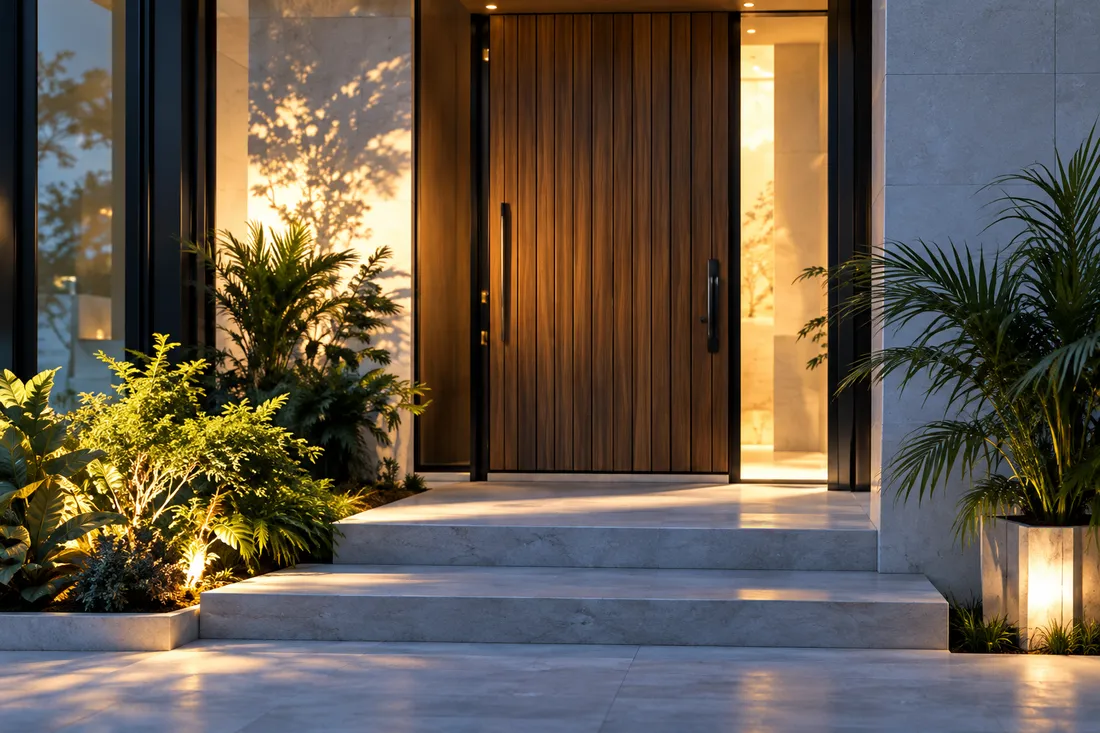 A tall timber front door of a modern house at dusk, lit by warm sconces between planters