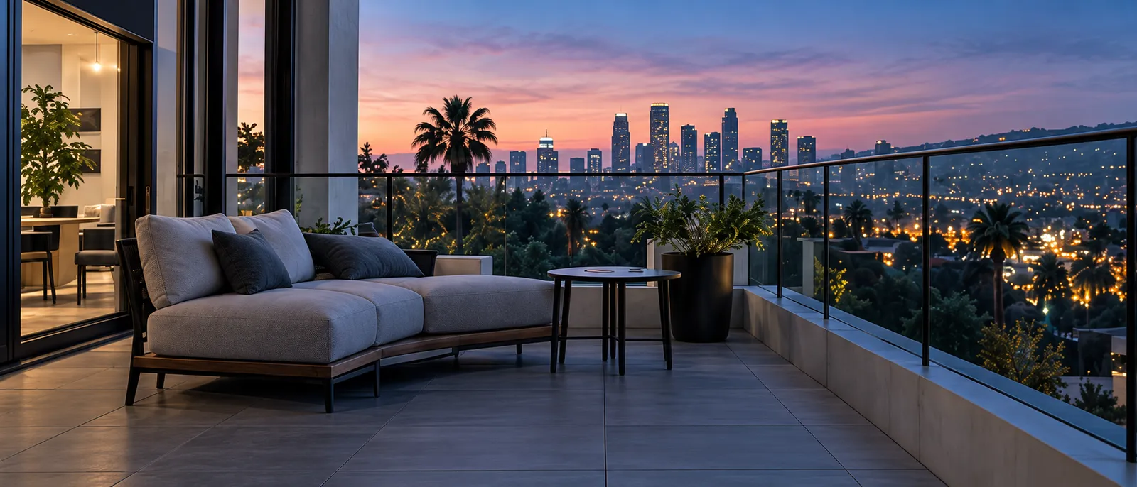 A small apartment balcony with an outdoor sofa above the city lights at dusk