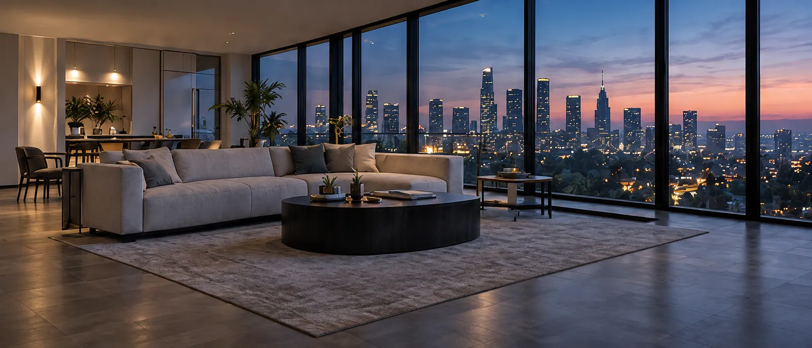An empty downtown apartment at dusk, a long sofa before a wall of windows onto the towers