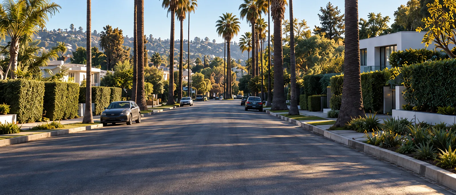 A Beverly Hills street in warm late sun, lined with tall palms, hedges and modern houses