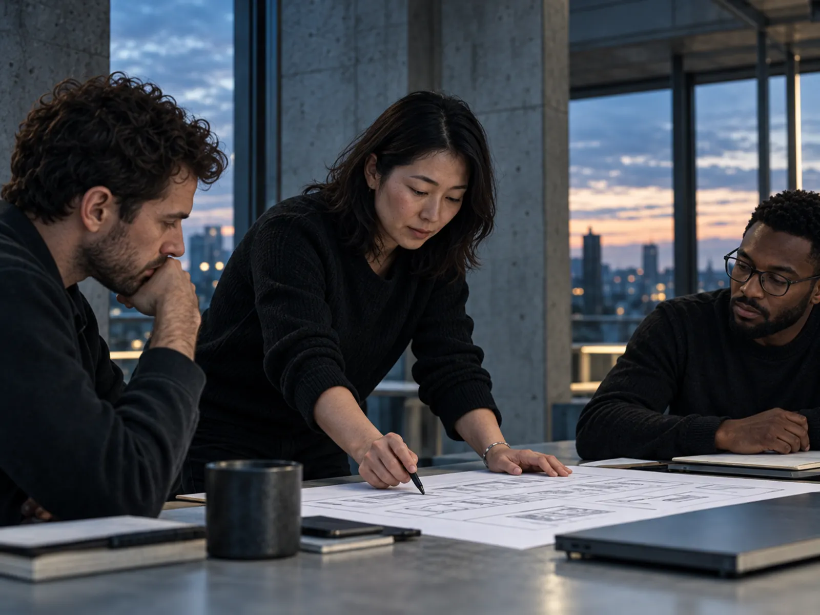 Three colleagues in a concrete studio at dusk: a woman marks a printed wireframe with a pen while two men watch