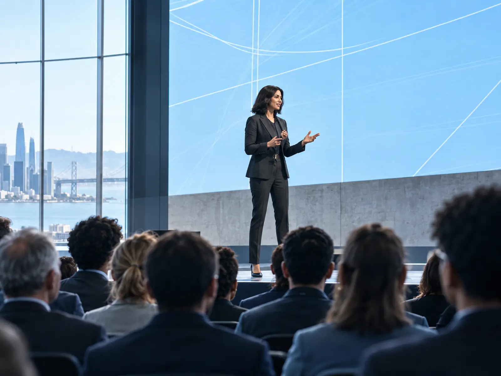 A woman speaking on stage before a large pale blue screen, audience heads in the foreground