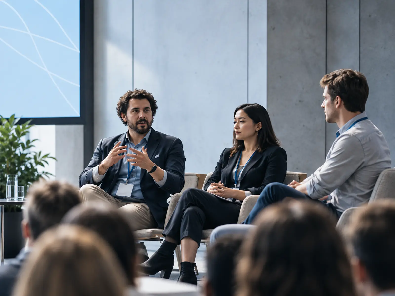 A panel on stage: a bearded man speaking with his hands, a woman and another man seated beside him