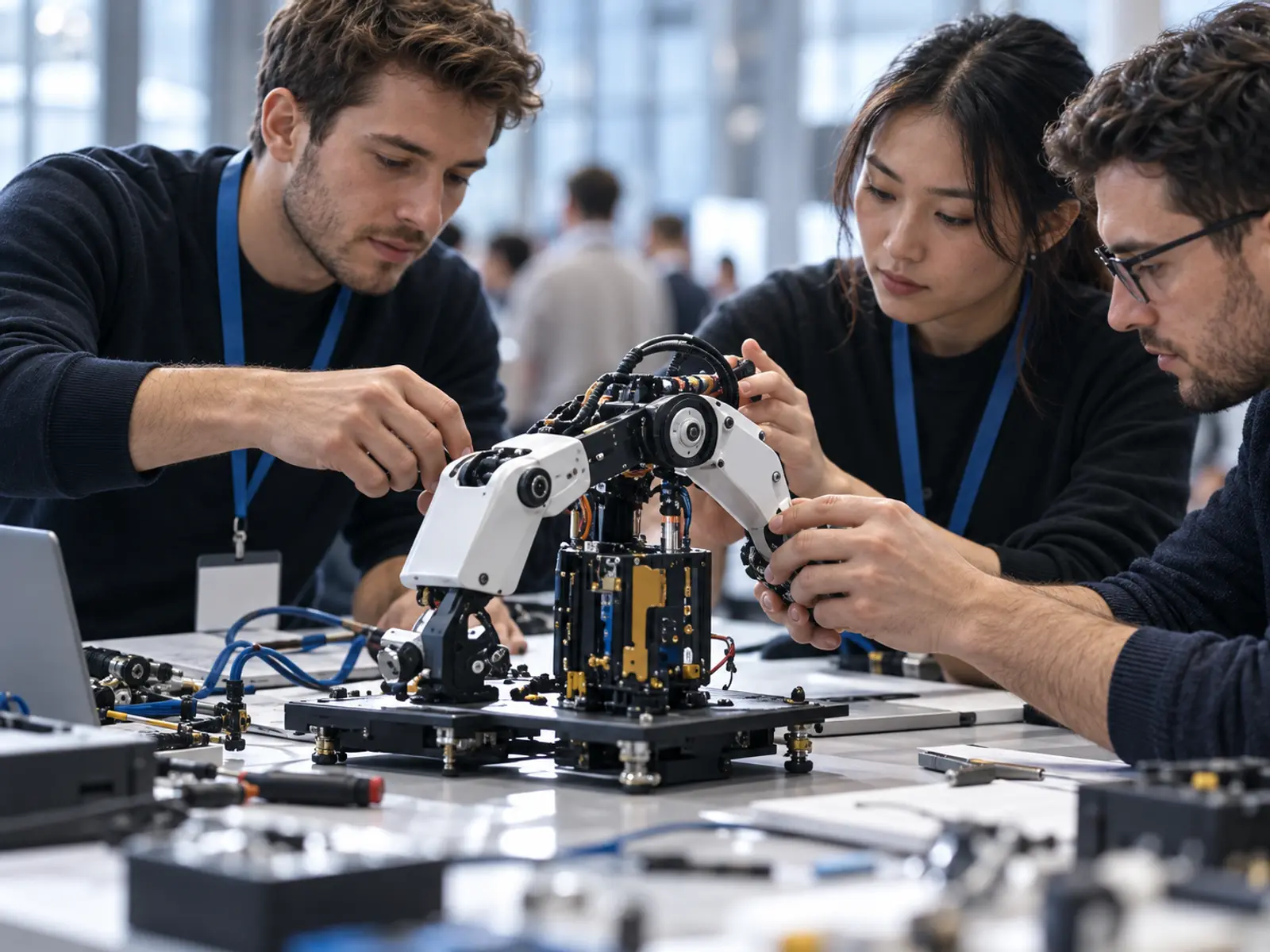 Hands testing a small white robotic arm on a workbench, people gathered around