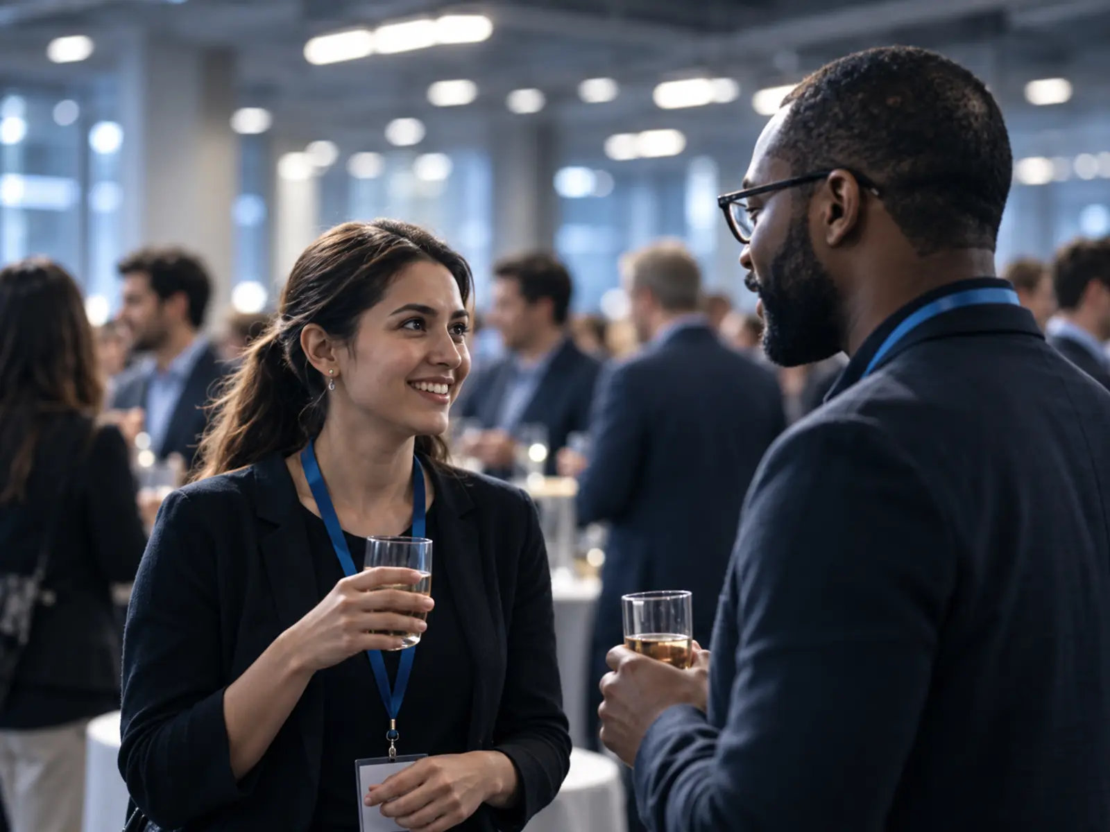 A smiling woman with a glass talking with a man in a dark jacket at an evening reception