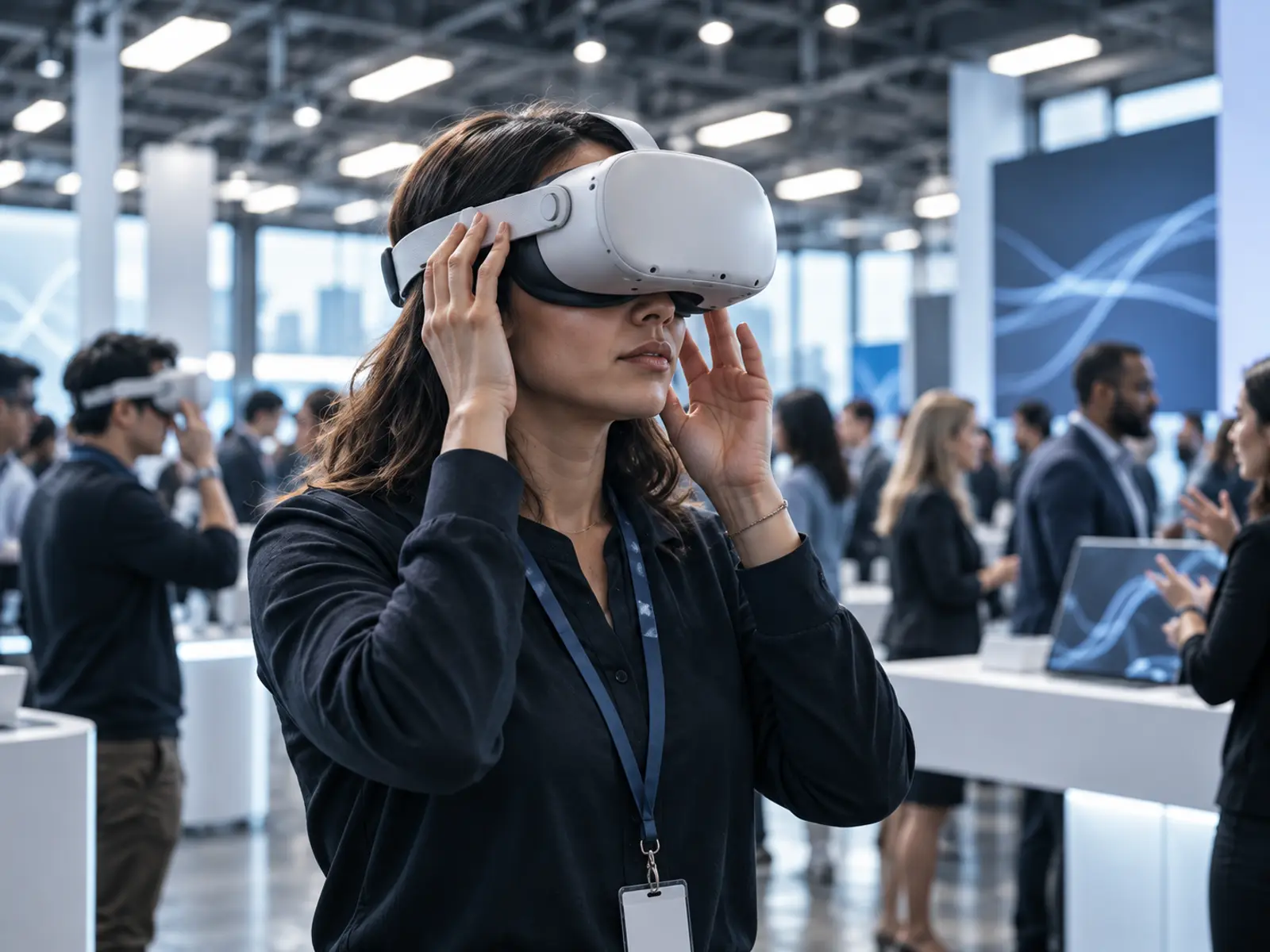 A woman wearing a plain white virtual-reality headset on a busy, bright demo floor