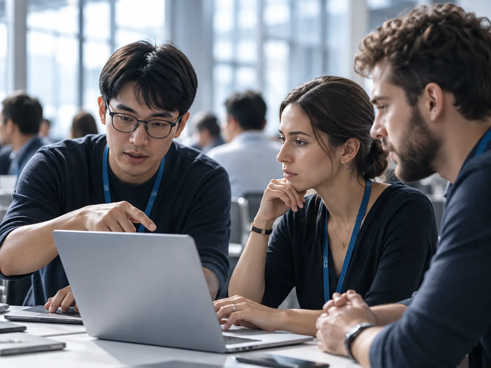 A man with glasses pointing at a laptop screen while a woman and a bearded man watch