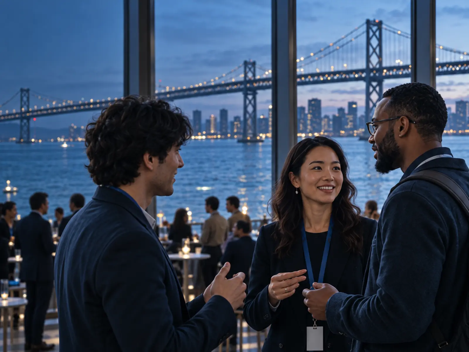 Three attendees talking at blue hour by tall windows, a lit bridge and the city across the water