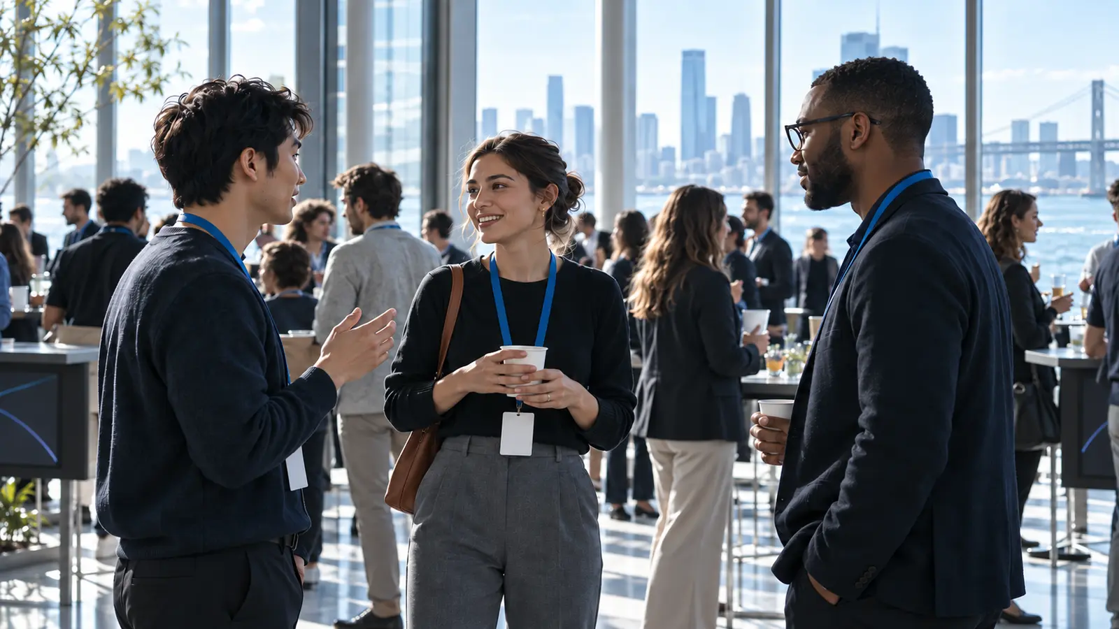 Three attendees with lanyards talking by tall waterfront windows in a busy concourse, the city skyline beyond