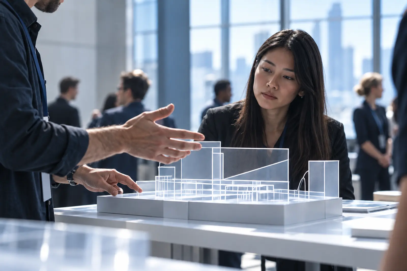 Hands pointing at a translucent architectural prototype on a white table while a young woman listens