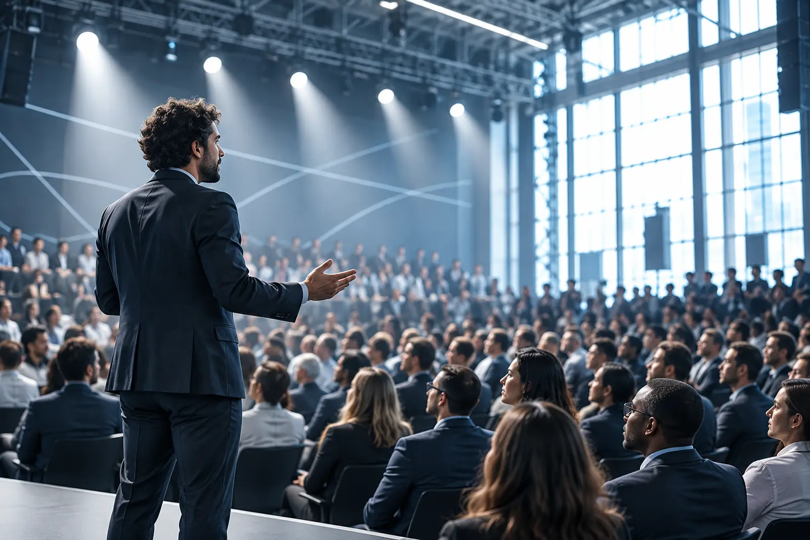 A bearded speaker in a dark suit seen from the side of the stage, gesturing to a large audience under white lights