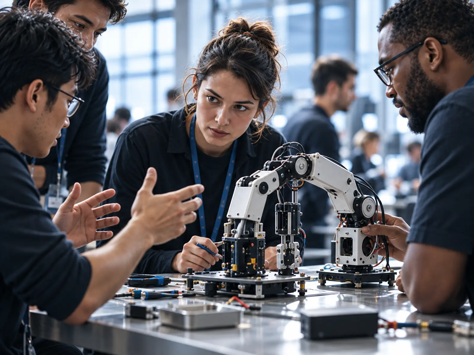 People gathered close around a white robotic arm on a steel workbench, a woman concentrating, hands gesturing in front