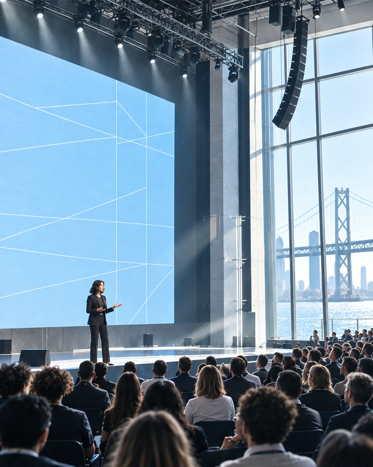 A woman in a dark suit speaking on a wide bright stage before a pale blue screen, a seated audience in front and the bay and its bridge through the tall windows