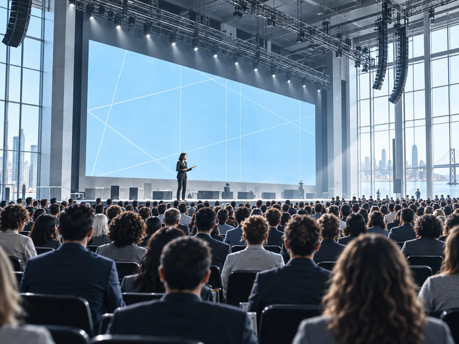 The main stage seen from the back of a large audience: a wide pale blue screen, a small figure speaking and steel and glass walls